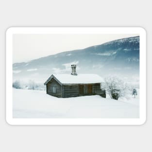 Log Cabin in Scandinavian Winter Landscape Sticker